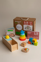 Montessori toy box aged 9-10 months with educational toys and materials on a neutral background