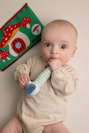 Baby holding a striped rattle with a colorful book in the background