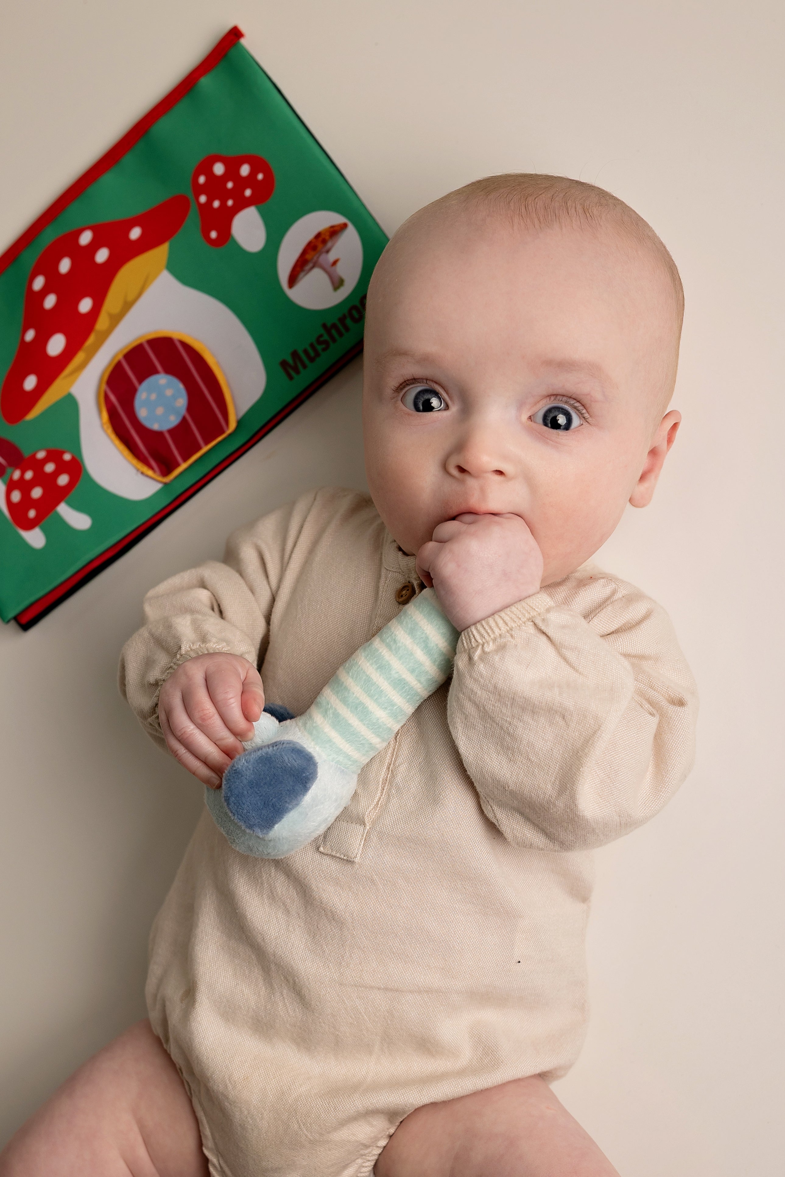 Baby holding a striped rattle with a colorful book in the background