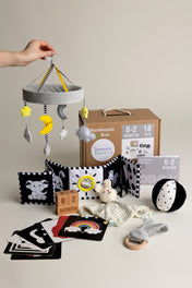 Newborn baby toys and educational items on a light surface with a neutral background